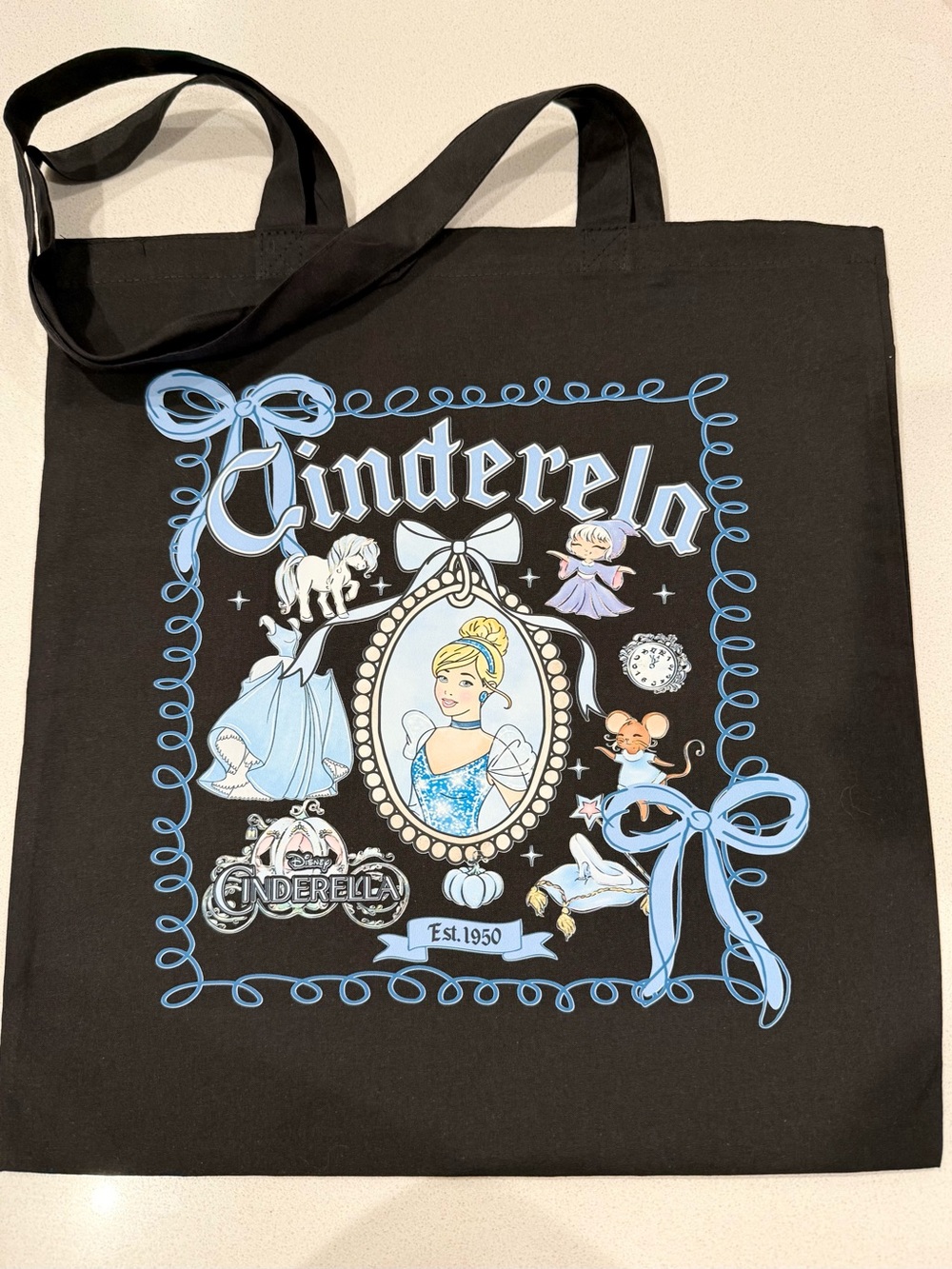Cinderella Black Tote Bag with Light Blue Artwork